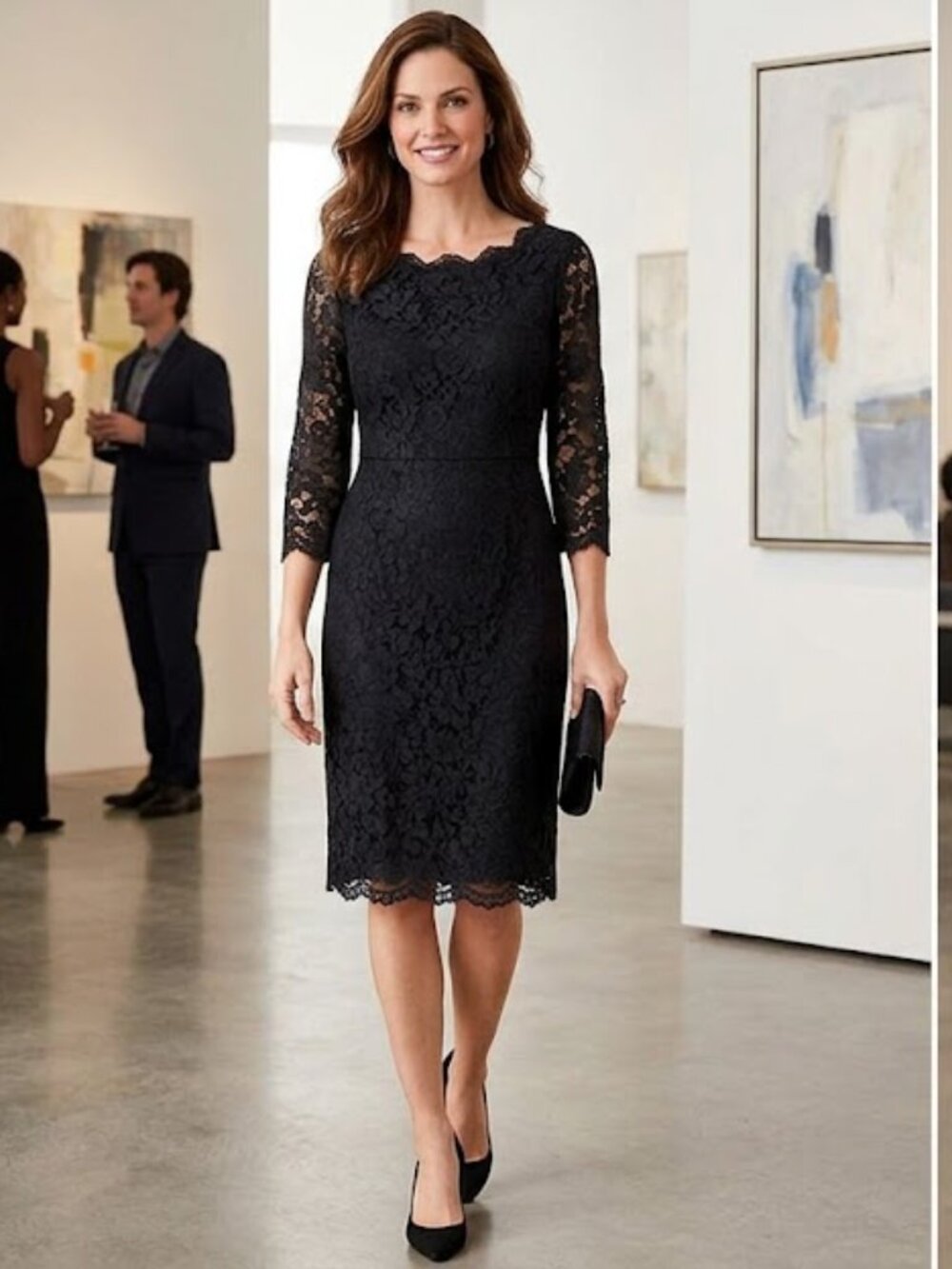 Talbots Black Lace Sheath Dress 8 3/4 Sleeve Cocktail Wedding Guest LBD